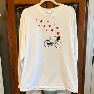 Gildan White Long Sleeve Tee with Red Hearts and Bicycle Design